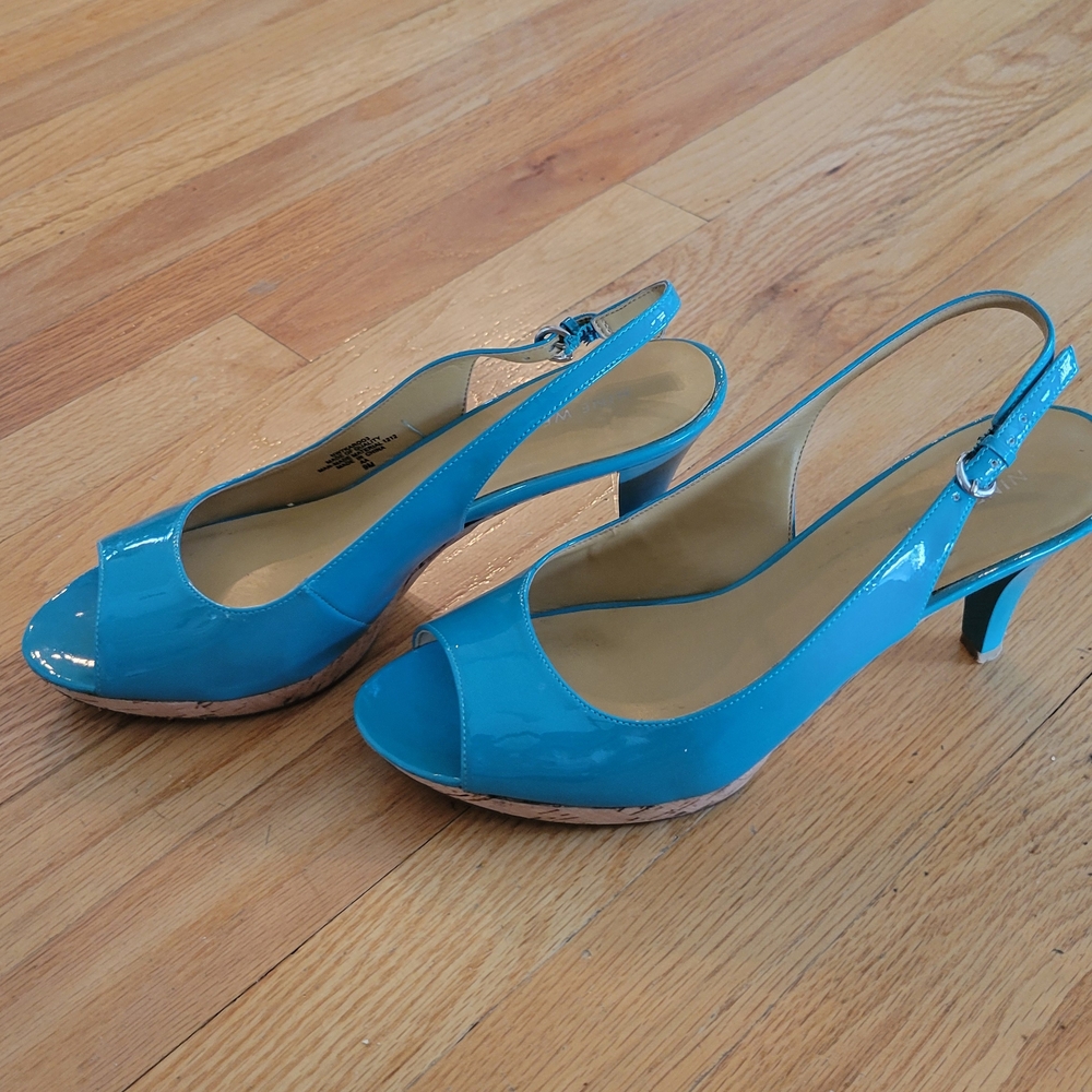 Nine West Bright Teal Patent Peep-Toe Slingback Heels